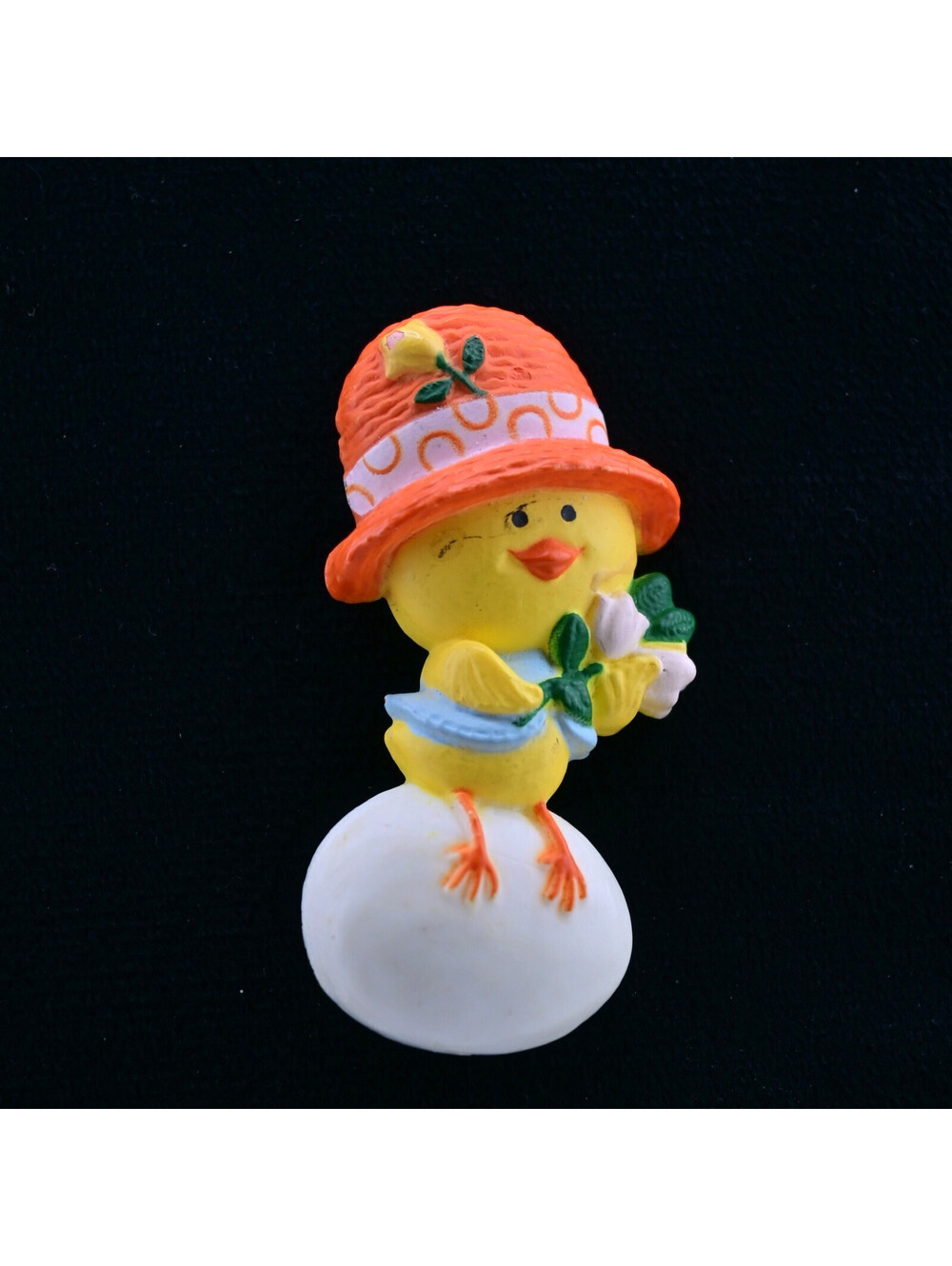 1975 Hallmark Cards Chicken Chick Pin wearing Hat Flowers Egg Bird Vintage